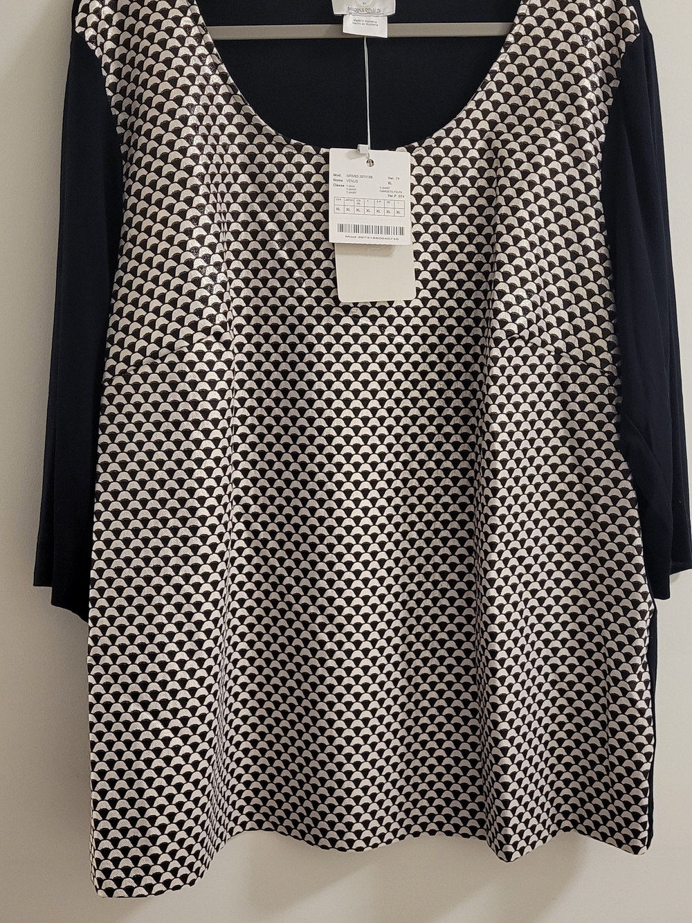 Marina Rinaldi Black, White & Brown Scallop Pattern Scoop Neck Top